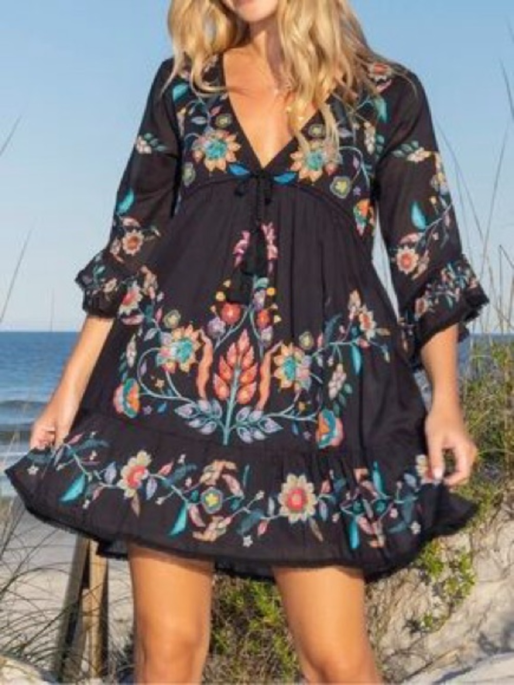 Natural Life Capri Cotton Mini Dress Black Floral Tassel Boho